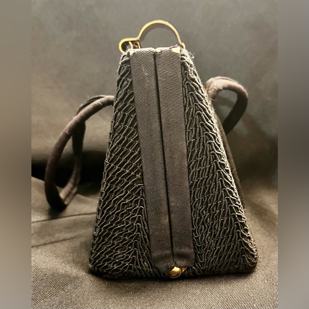 Vintage 1950s Black Corde Rigid Box Purse MCM Gold Geometric Clasp Evening Bag - Picture 6 of 17